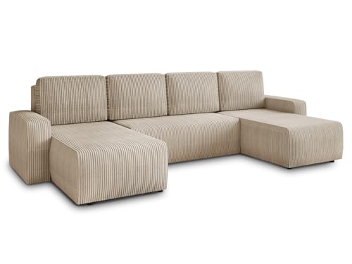 Sofnet Wohnlandschaft mit Schlaffunktion Roma - U-Form Couch, Schlafsofa mit Bettkasten, Couchgranitur mit Bettfunktion, Big Sofa, Cord Stoff (Beige (Poso 100))