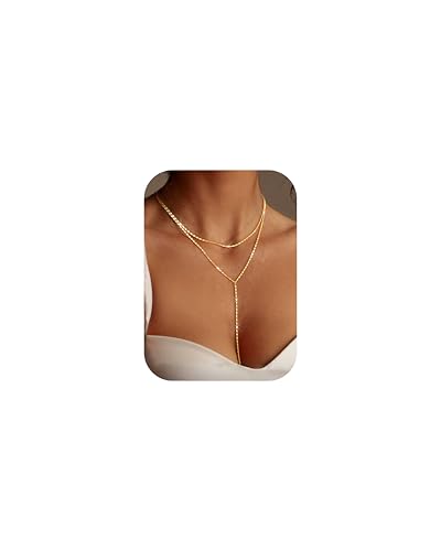 LOLIAS Kette Gold Damen 14K Vergoldete Y Kette Anhänger Halskette Zierliche Lange Halskette Geschichtete Perlenkette Tropfenketten Goldschmuck Für Damen
