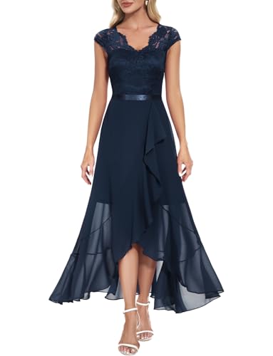 Bbonlinedress Abendkleid elegant für Hochzeit Spitzenkleid Chiffon Kleid Brautkleid Party Abschlusskleid lang Winter Ballkleid Navy XL
