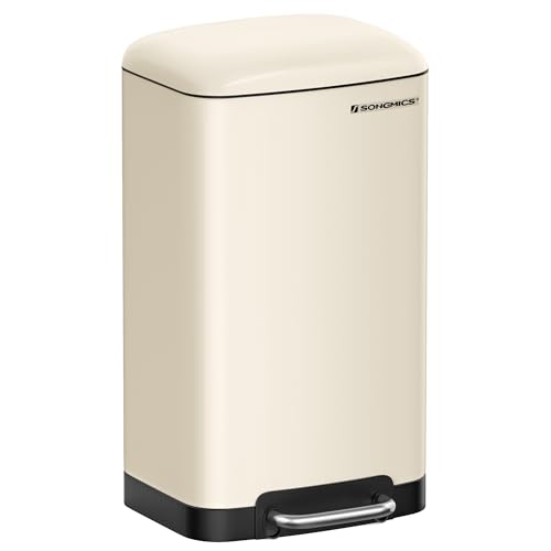 SONGMICS Abfalleimer für die Küche, 30 l, Abfalleimer aus Stahl mit Pedal, Deckel und Inneneimer, sanfter Verschluss, Wolkenweiß LTB001A01