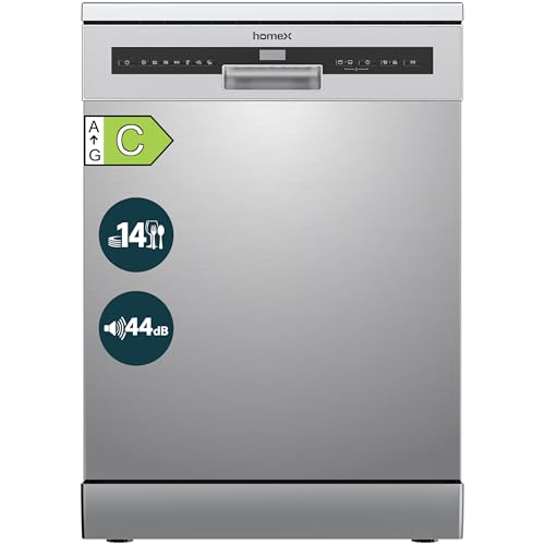 homeX Geschirrspüler 60 cm, Spülmaschine freistehend - 14 Maßgedecke, 7 Programme, AquaStop, Besteckschublade, 44 dB, Startvorwahl, Überlaufschutz, Automatische Türöffnung, Unterbaufähig, Silber