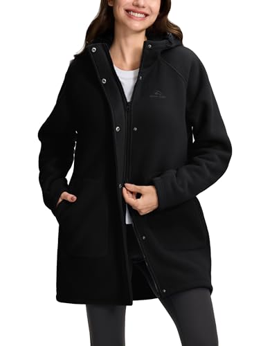 Pioneer Camp Fleecejacke Damen Lang Winterjacke Fleecemantel damen Full-Zip Kapuzenpullover Antistatische Jacken Einfarbig Langen Mantel Cardigan Outwear Mit Taschen