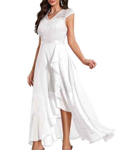 Bbonlinedress Abendkleid elegant für Hochzeit Glitzer Kleid Chiffon Abschlusskleid lang festliches Spitze Brautkleid mit Pailletten Party Ballkleid Cocktailkleid White 2XL