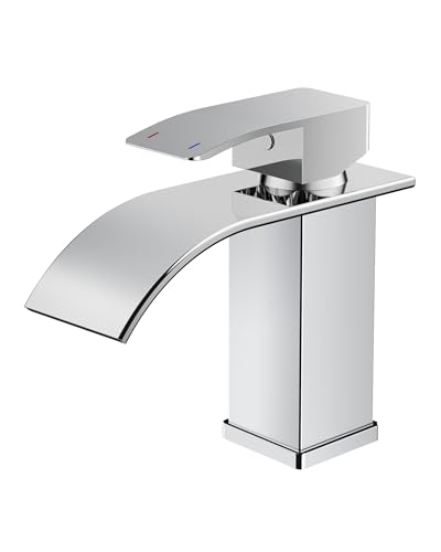 FORIOUS Wasserhahn Bad,Wasserfall Waschtischarmatur Einhandmischer Armatur Waschbecken mit Auslauf Höhe 80 MM,Wassersparend, Energiesparend,Chrom