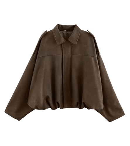 Bnigung Damen-Bomberjacke aus Wildlederimitat, lässiger Revers, Pilotenmantel, übergroße Motorradjacken, Oberbekleidung für 2025, Braun, Groß