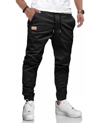 LIUPMWE Herren Hose Chino Cargohose Jogginghose Baumwolle Casual Sporthose Sweatpants Herren mit Taschen Freizeithose Elastische Taille mit Kordelzug,L,Schwarz