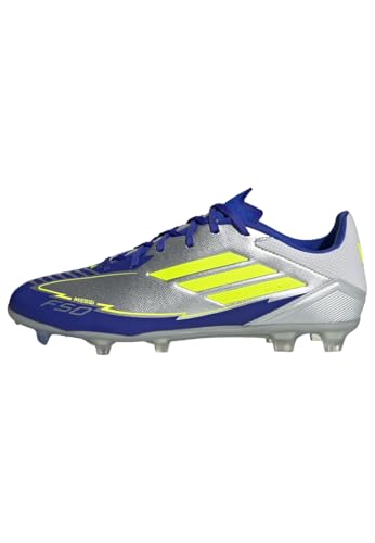 adidas Unisex F50 League Football Boots FG/MG, Silver Metallic/Solar Yellow/Lucid Blue, 43 1/3 EU