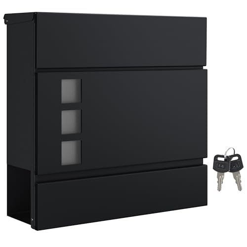 SONGMICS XXL Briefkasten, Postkasten mit Zeitungsfach, 10,5 x 37 x 37 cm, Aufkleber gegen unerwünschte Werbung, Sichtfenster, abschließbar, 2 Schlüssel, modern, einfache Montage, schwarz GMB052B01