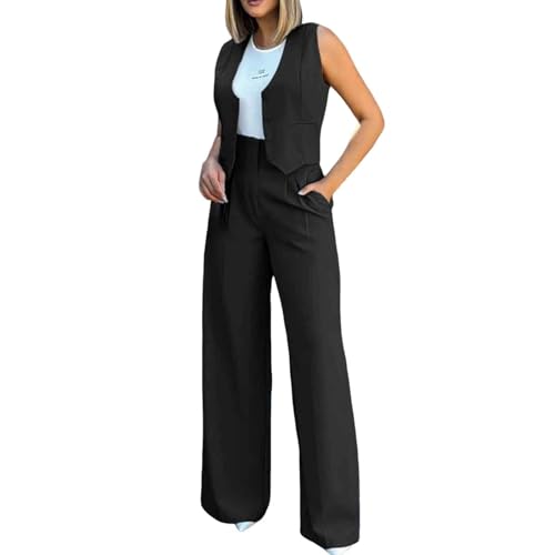 Business Anzug Damen Sommer Zweiteiler Westen Button Down Und Hosen Schicke Casual Office Hosenanzüge Outfit Mode Set Outfits Schwarz XL