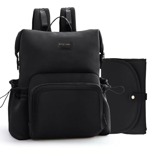 MISS FONG Baby Wickelrucksack Wickeltasche, Wickelrucksack Groß Rucksack Babytaschen Wickeltasche Organizer Neopren Lässig Wickelrucksack mit 12Taschen & Wickelunterlage MamaTasche für Papa,Schwarz