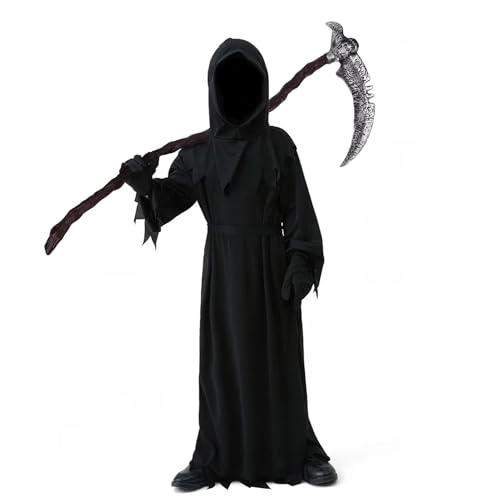 YIMOJOY Halloween Kostüm Gruselig Sensenmann Kostüm Kinder mit Sense,Masken,Handschuhe - Kinderkostüm Sensenmann Jungen Reaper Halloween Kostüm für Kinder Karnevals Cosplay(M:8–10 Jahre)