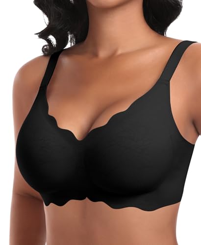 Ganado Damen Nahtloser BH Ohne Bügel Tiefem V-Ausschnitt gewellte Ränder Push Up BH Bralette Soft Bequem BHS Bügellos Bustier (Schwarz-Doppel Vorderwelle, M)