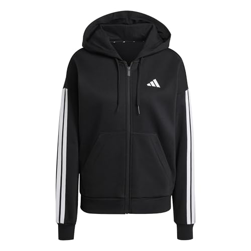 adidas Women's Essentials 3-Stripes Full-Zip Fleece Hoodie, Black, L