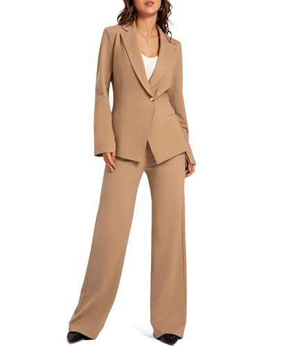 Casly Lamiit 2-teiliges Damen-Blazer-Outfits, Business-Casual-Asymmetrische Jacke, Knopfleiste, weites Bein, Hose, elegante Anzug-Sets, Khaki, Klein