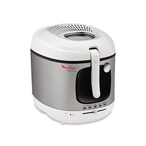 Moulinex Mega 2kg Fritteuse, Fritteuse mit Öl, Anti-Geruchs-Filter, regelbare Temperatur, leichte Reinigung, knusprige Pommes, 1.800 Watt, für bis zu 8 Personen, weiß/silber, AM4800