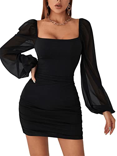 GORGLITTER Damen Netz Ärmel Kleider Bodycon Bleistiftkleid Minikleid Mesh Partykleid Figurbetont Langarmkleid Schwarz M