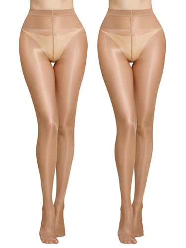 MANZI Glitzer Strumpfhosen Damen Glänzende Strumpfhose für Damen 40 Den Transparente Nylon Hoher Taille Feinstrumpfhose 2 Paar Braun L-XL