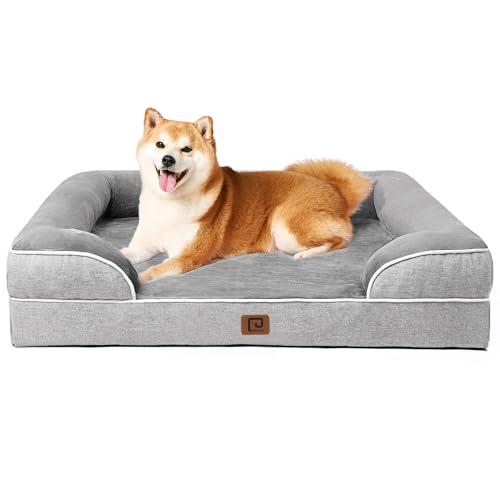 EHEYCIGA Orthopädisches Hundebett Grosse Hunde, 91x68cm, Memory Foam Hundekorb Mittelgroße Hunde, Waschbar Hundesofa Wasserdicht rutschfest, Hundecouch mit Hohem Rand, Grau
