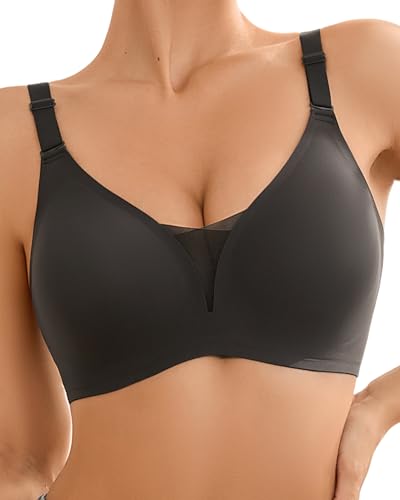 SHARICCA Damen BH Ohne Bügel - Modisch V Ausschnitt Mesh Push Up Bequem BHS Atmungsaktiv Nahtloser Bügelloser T Shirt Bra Gepolsterter(Grau-1P01-L)