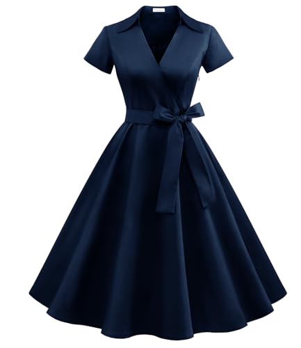 Timormode Cocktailkleid Damen Rockabilly Kleider Damen Festlich Abendkleid Kurz Vintage Kleider Damen 50er Jahre Kleider Damen Navy M