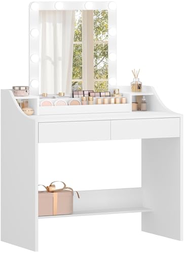 Hzuaneri Schminktisch mit LED-Beleuchtung, mit Spiegel, Einstellbare Helligkeit, Frisiertisch mit 2 Schubladen und 3 Offenen Fächern, Modern, Weiß DT39503X