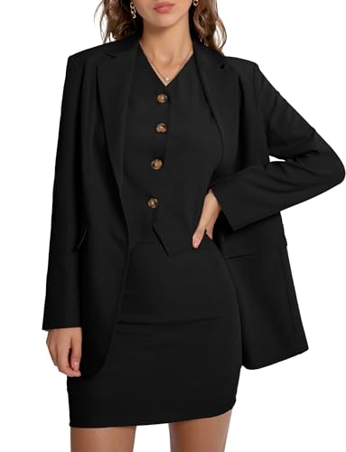 Casly Lamiit Damen 3-teiliges Rock-Set Business Casual Kurz Skort Blazer Anzug Langarm Jacke Weste Passende Outfits, Schwarz, Groß