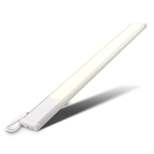 B.K.Licht - LED Leiste mit Ein-Ausschalter, warmweiße Lichtfarbe, inkl. Steckerkabel, Unterbauleuchte Küche, LED Lichtleiste Küche, Schrankbeleuchtung, Küchenlampe, 57,5x4,9x1,3 cm, Weiß-Silber