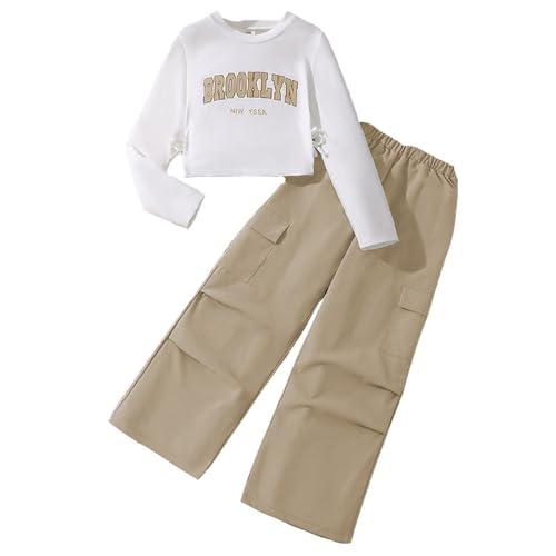 Generisch 2-teiliges Outfit für Mädchen: Langarm-Sweatshirt, Hemd und Cargo-Jogginghose (Brown, 10-11 Years)