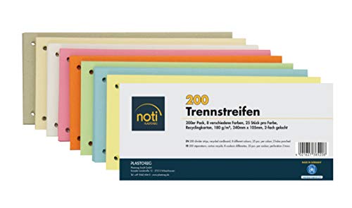 200 Trennstreifen in 8 Farben, 25 Stück pro Farbe, 24 x 10,5cm, gelocht, 180g/m² recycelter Karton, zum Sortieren von Dokumenten, bedruckbar