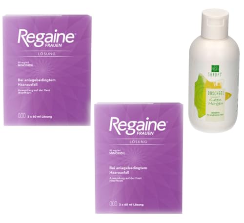 Regaine Frauen Lösung Doppelpack 2x 3x 60ml Lösung bei erblich bedingtem Haarausfall inklusive SANDAY DUSCHGEL Guten Morgen 100ml