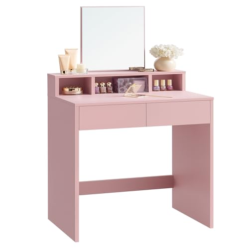 VASAGLE Schminktisch mit großem Spiegel, Frisiertisch, 2 Schubladen, 3 offene Fächer, Kosmetiktisch, modern, pastellrosa RDT103R01