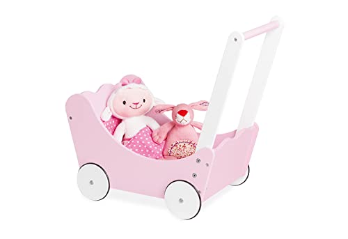PINOLINO Puppenwagen Jasmin Komplettset, 4-tlg., Rosa & Weiß, Inkl. Bettzeug, Gummierte Räder, MDF, Für Kinder ab 3, Ideal als Geschenk
