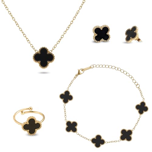 Vierblättriges Kleeblatt Schmuckset, 18K Vergoldet Vierblättriges Kleeblatt Halskette Ohrringe Armband Ring, Vierblättriges Glücksklee Schmuckset Geschenke, für Damen und Mädchen, Schwarz