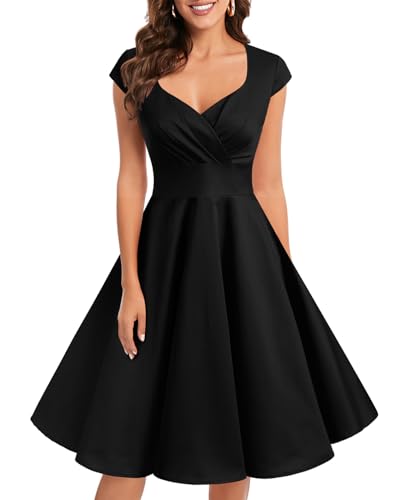 bbonlinedress 1950er Vintage Retro Cocktailkleid Rockabilly V-Ausschnitt Faltenrock Black XL