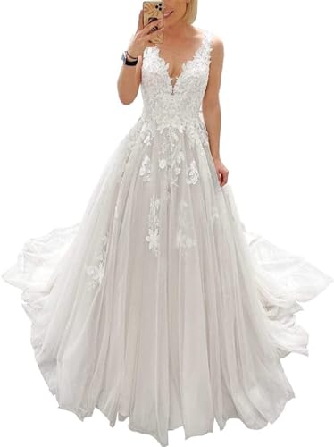 JAEDEN Brautkleid V-Ausschnitt Spitze Hochzeitskleider für Damen Tüll A-Linie Standesamt Kleid mit Schleppe Weiß 38