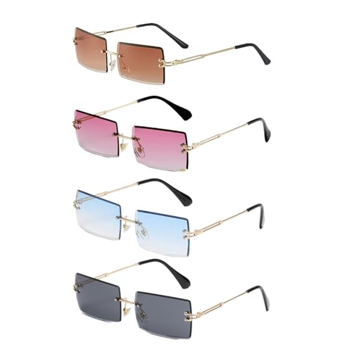 EUPSIIU 4 Paar Retro Sonnenbrille Randlose Mode Rechteck Sunglasses für Damen Herren Ultra-Small Frame Brille 80er Vintage Durchsichtige Linse Rahmenlose Rimless Sonnenbrille