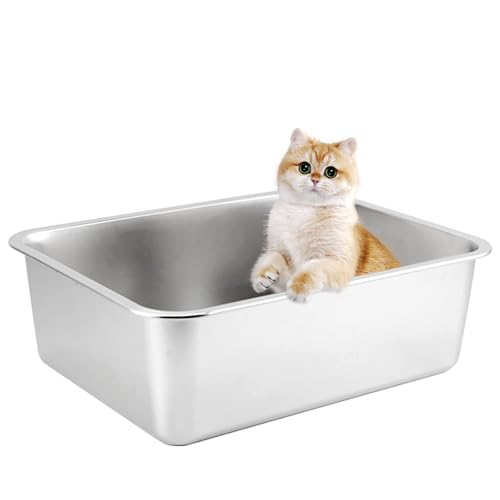 XXL Katzenklo,Großes Katzentoilette 50 * 35 * 15 cm Niemals Gerüche, Rostfrei, Antihaft Glatte Oberfläche, Edelstahl Katzenklo Fassungsvermögen für Leichtere Reinigung (Silber, 50 * 35 * 15 cm)