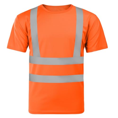 AUYAO Profi Warnschutz T-Shirt Warnkleidung Leicht Kurzarmshirt Kurzarm Hohe Sichtbarkeit Arbeitsshirt Warnshirt Reflektierend Arbeitshemd Hochsichtbares Bahn-T-Shirt Warnschutz Shirt Herren Orange XL