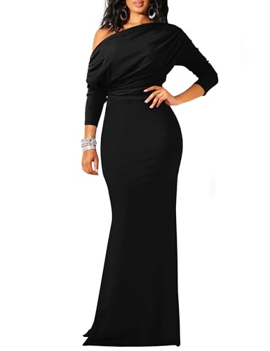 YMDUCH Damen sexy, Elegantes, langärmeliges, Schulterfreies Abendkleid, Bodycon-Lang, formelles Kleid, Schwarz, Groß