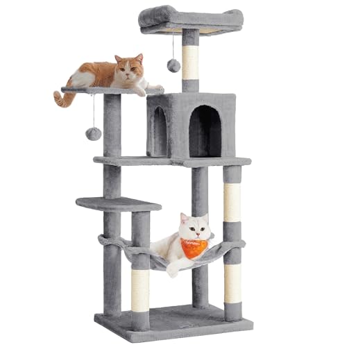 Feandrea Kratzbaum, 143 cm hoch, Katzenbaum, mehrstöckiges Katzenhaus, mit 4 Kratzsäulen, 2 Plattformen, Hängematte, Höhle, hellgrau PCT161W01