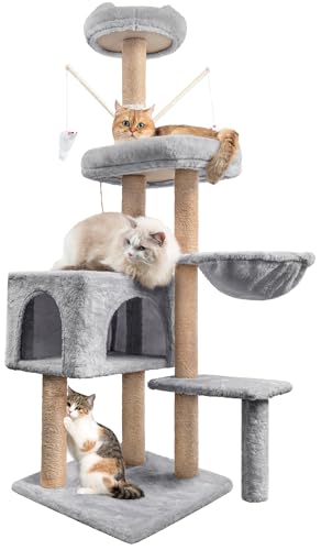 Kratzbaum, 145 cm Katzenbaum Kletterbaum, Aktivitätskratzbäum Kletterturm mit Sisalsäulen, Katzenspielzeug, Katzen Höhle, Plattformen, Liegemulde für Katzen Kätzchen, Grau