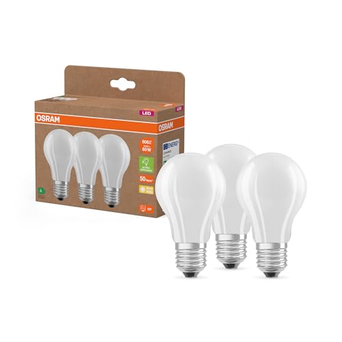 OSRAM Hocheffiziente LED Lampen mit Energieeffizienz Klasse A, Vorteilspack mit 3 Leuchtmittel, ersetzt herkömmliche 60W Glühbirnen, Birnenform, warmweiß(2700K), E27, mattes Glas