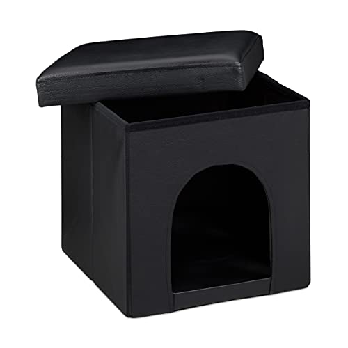 Relaxdays Hundebox Sitzhocker HBT 38 x 38 x 38 cm Stabiler Sitzcube mit praktischer Tierhöhle für Hunde und Katze aus hochwertigem Kunstleder und Deckel zum Abnehmen für Ihren Wohnraum, schwarz, Faltbarer Sitzhocker Hundehütte, Faltbarer Sitzhocker Hundeh