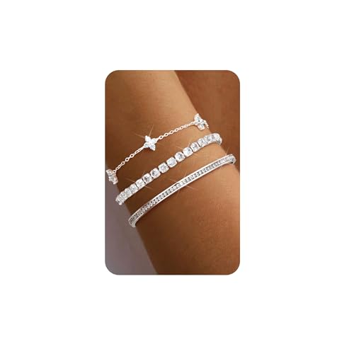 ORAZIO 3 Stück Armband Damen Silber Armreif Cubic Zirkonia Verstellbare Armband Silber Set Schmuck Für Damen