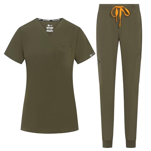 B-well NAOMI Damen-Schrubb-Set Schlupfkasack + Schlupfhose Set Medizin Arzt Uniform Schlupfjacke Oberteil mit Hose Medizinische Berufsbekleidung mit Elastan (Olive, M)