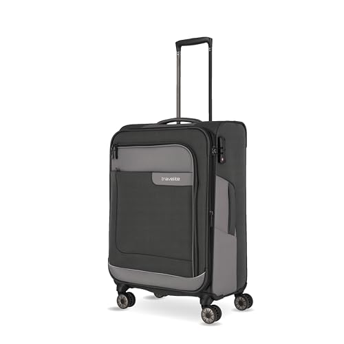 Travelite 4-Rad Koffer Größe M Weichschale aus recyceltem Material, Gepäck Serie VIIA: Trolley mit Dehnfalte + Kantenschutz, 67 cm, 70-80 Liter