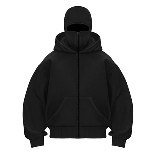CCOOfhhc 1/4 Zip Balaclava Hoodie mit Sturmhaube Oversized Y2K Doppel Kapuze Winddichter Ninja mit Fleece Einfarbig Mask Kapuzenpullover Übergangsjacke 2025