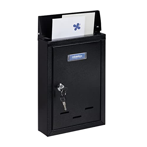 Relaxdays Briefkasten mit Namensschild, Metall, mit 2 Schlüsseln, Postkasten schmal, HxBxT: 30,5 x 21 x 7 cm, schwarz