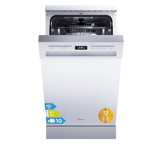 Midea SF 5.45NW10C Geschirrspüler 45cm Freistehend & Unterbaufähig, 10 Maßgedecke, 7 Programme, Spülmaschine 45 cm mit WIFI, 44 db, Startverzögerung, Automatische Türöffnung, 63 kWh/100 Zyklen, Weiß