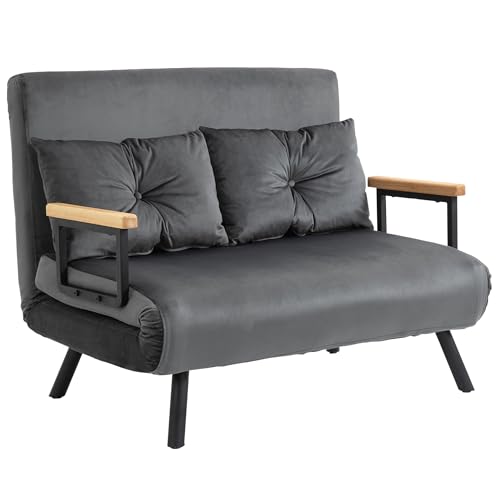 HOMCOM Schlafsofa 4 in 1 2 Sitzer Sofa mit Schlaffunktion, 183 x 98,5 cm Klappbar Couch Schlafcouch mit 5-stufig Verstellbarer Rückenlehne, Lendenkissen und Samtoptik für Wohnzimmer, Dunkelgrau
